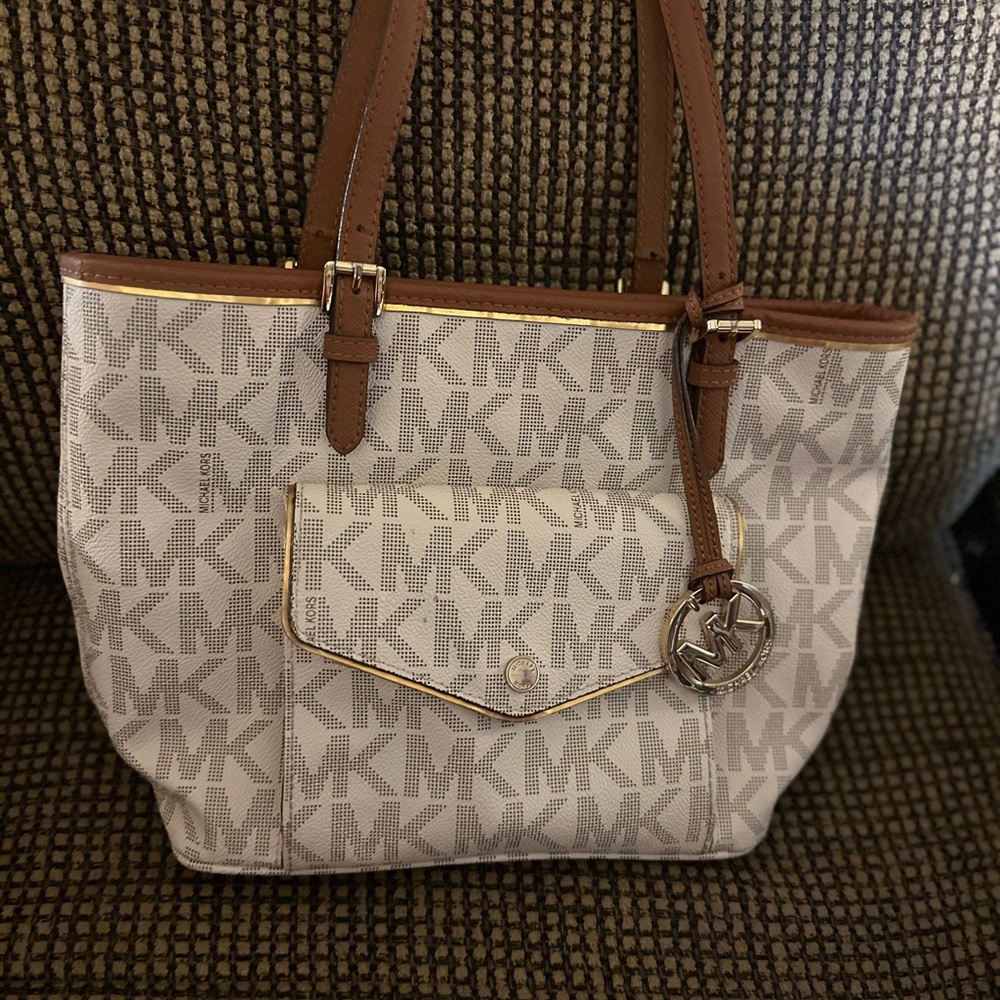 Michael Kors White Logo and Brown Leather Tote Excellent Preloved Condition